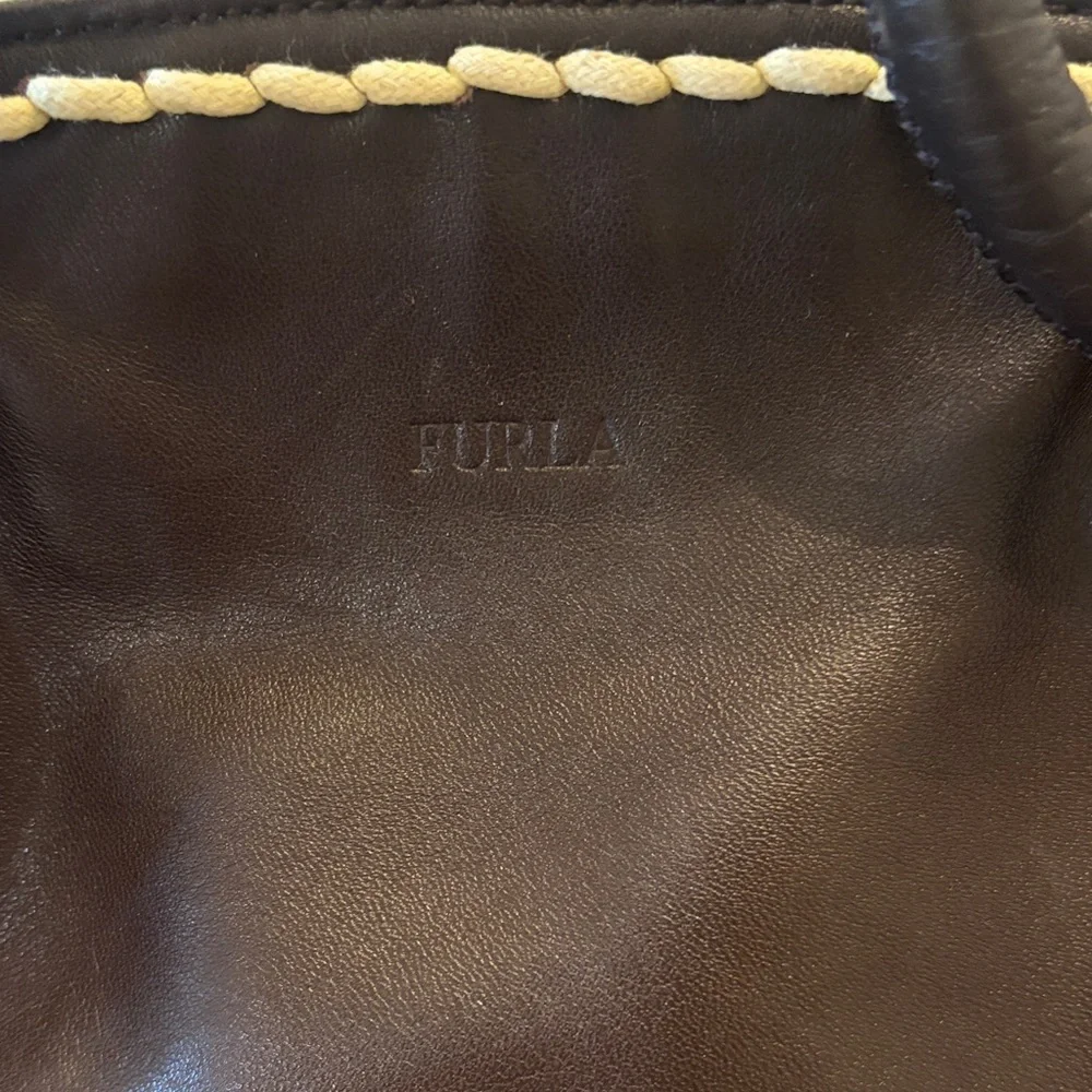 Furla/Certificate of Authenticity- Dark Brown Leather Satchel Cream Braided Trim